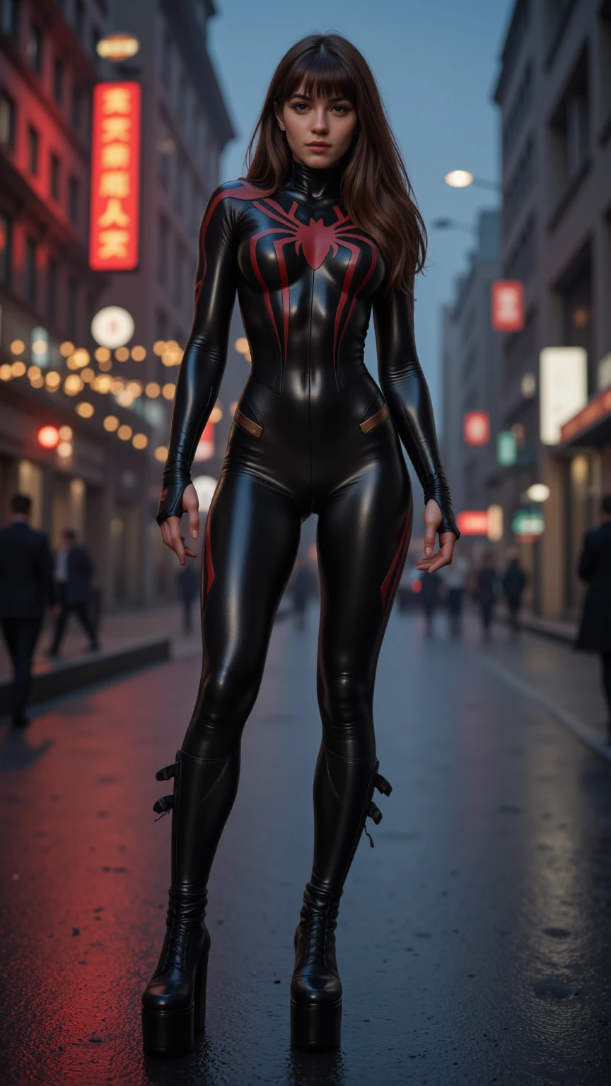1girl in, 30 years old, Square face, Long hair, Looking at the viewer, jewelry, Realistic, Sexy, spiderman, standing on tall buildings, free posing