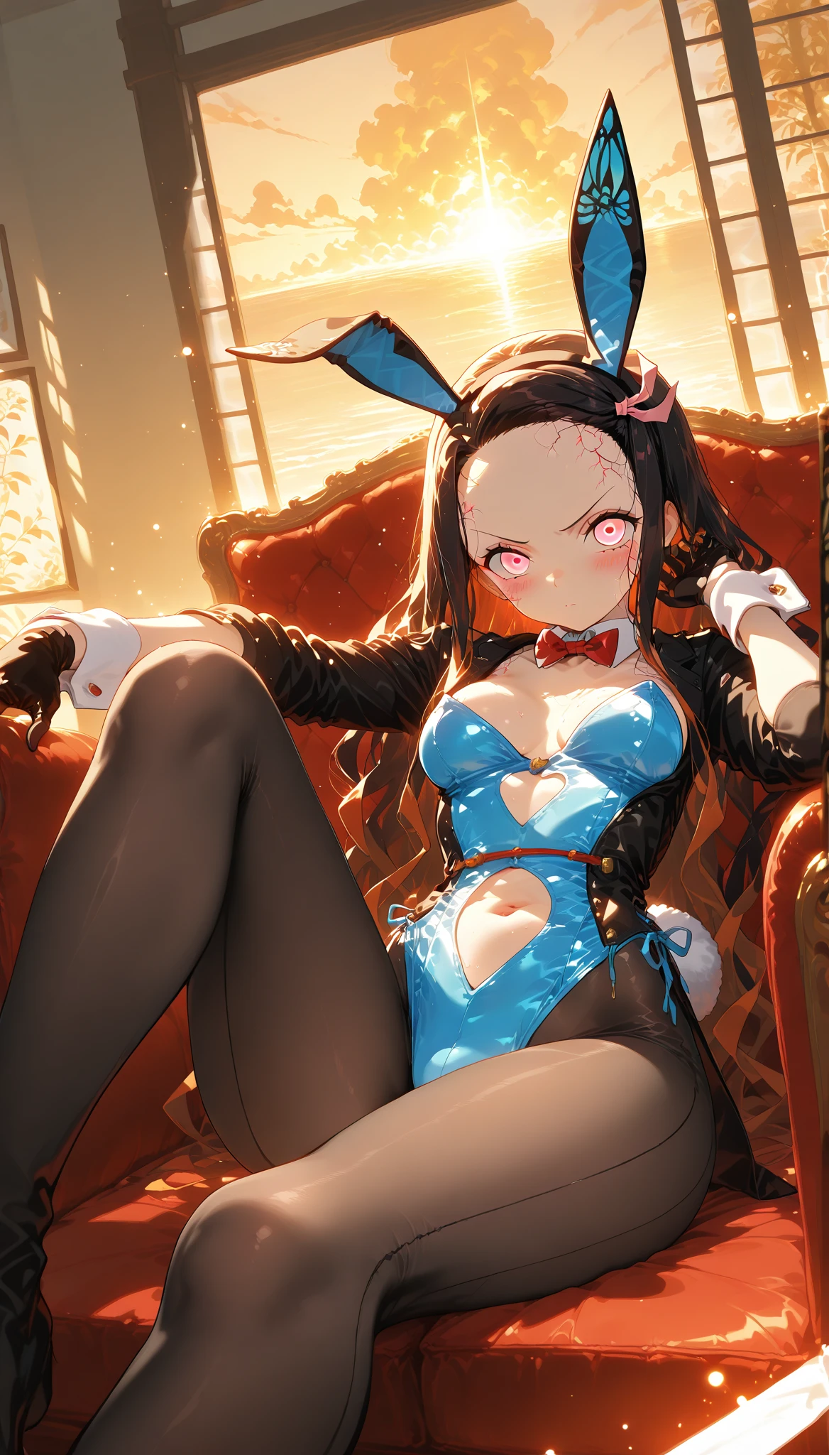 1 girl, solo, long hair, undergarment, breasts, bra, look at viewer, black hair, fishnets, panties, sitting, thighs, blue eyes, rabbit ears, animal ears, collarbone, puffy sleeves, navel, parted lips, parted sleeves, bare shoulders, white background, choker, striped, fake animal ears, short sleeves, cleavage, very long hair, hair bow, puffy short sleeves, simple background, bow, Fishnet thighs, bangs, rabbit tail, ruffles, arm support, red choker, midchest, tail, ruffled panties, belly, ruffled bra, blush, red bra, lingerie, black footwear, wrist cuffs, high heels