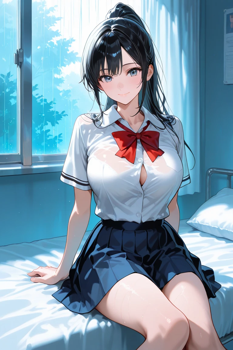 Masterpiece、8k、High quality photo quality、、Beautiful mature woman、Zettai Ryoki Thigh，Black-haired，Medium Bob，Black socks