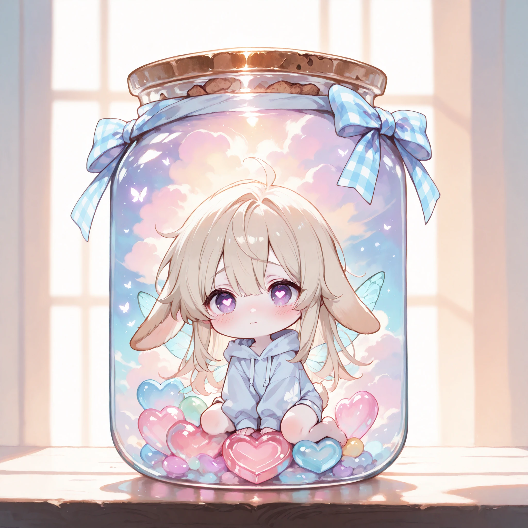 (masterpiece, high quality), Chibi, solo, 1 boy, close-up, soft lighting, Magical, fantasy, fairy tale, dreamy, otokonoko, bishounen,
inside a glass candy jar with cork lid, gingham ribbon bow on top of the jar, pastel tone clouds inside, Fairy in a bottle,
cute male fairy, delicate butterfly wings, platinum blonde long hair, slightly messy bangs, purple eyes, ((heart-shaped pupils)), detailed eyes,
pale skin, soft blush, (lop bunny ears), oversized hoodie, loose shorts pants, bare feet, shy expression,
warm fantasy atmosphere, emotional scene,
meeting their hero for the first time