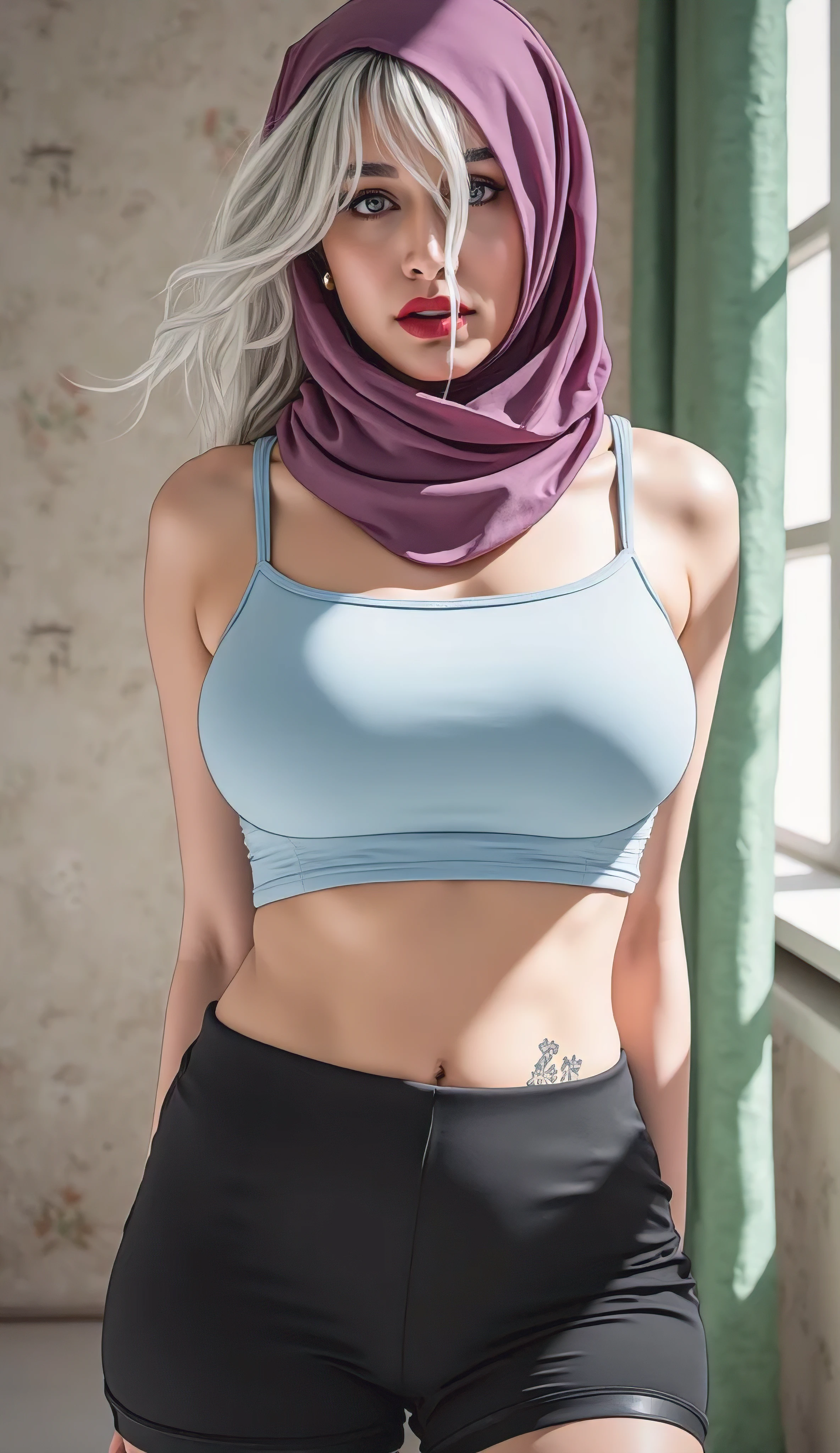 Alia Bhat She is wearing a pink bra and sports lower, she has tied a hijab on her hair and neck, she has applied red lipstick on her lips, Alia Bhat has a slightly fatty body and sexy figure, her  are slightly Alia Bhat has light hair hanging over her eyes and a very sexy tattoo on her waist 