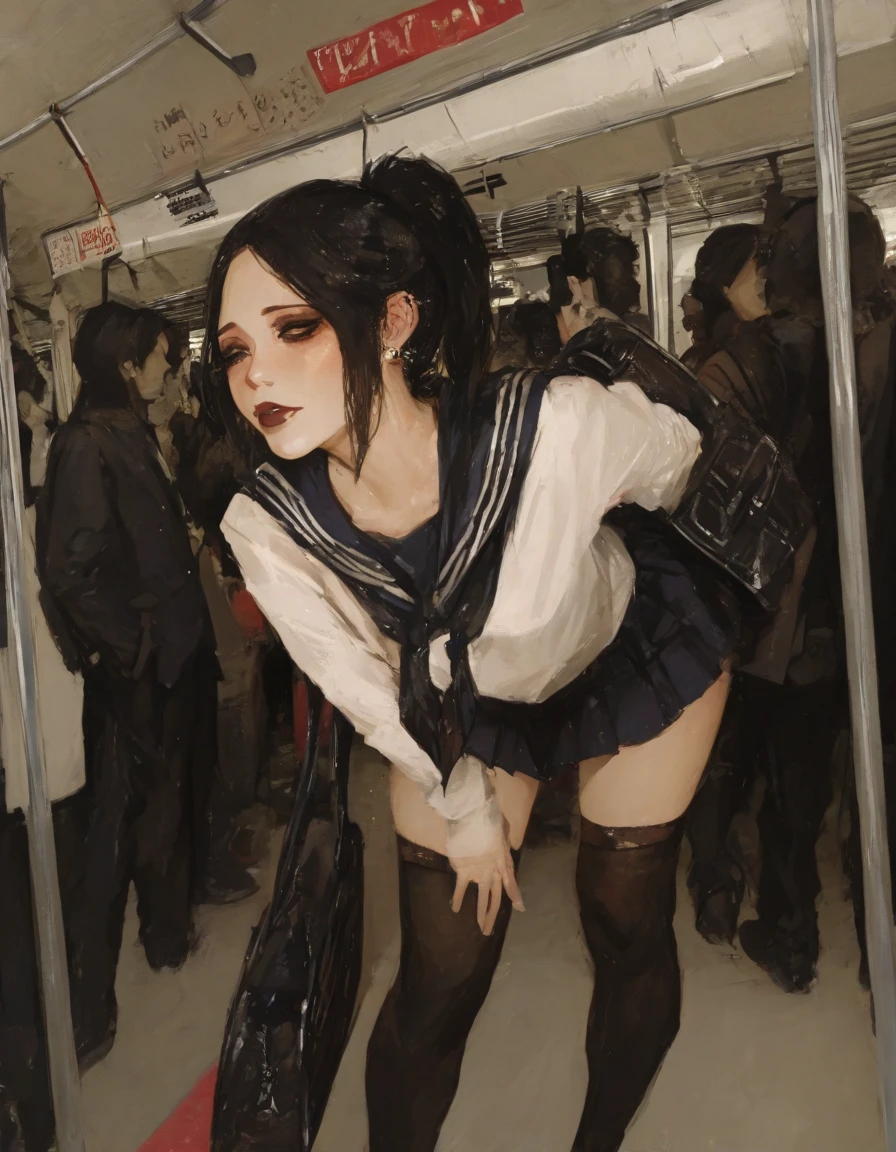 1girl, (nun:1.1), blue hair, messy hair, (braid), young female, ahegao, rolling eyes, (standing in a crowded subway:1.5), spread legs, black thighhighs, long pleated skirt with slits, torn clothes, (veil:1.1), bare breasts, BreastsApart, showing her face
