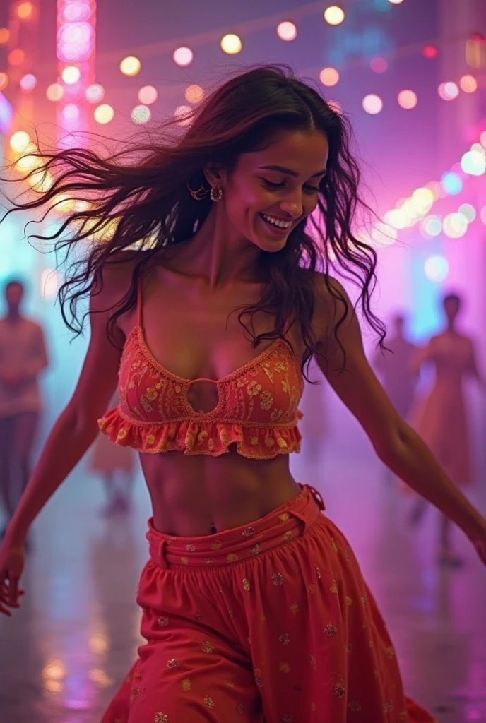Beautiful Hungarian woman、Sweat shines、Latin Dancer、Strike a Pose、looking at the camera、He is pointing his right hand towards the camera.、Shooting with a single-lens reflex camera、Revealing outfits、Latin Dance、whole body、