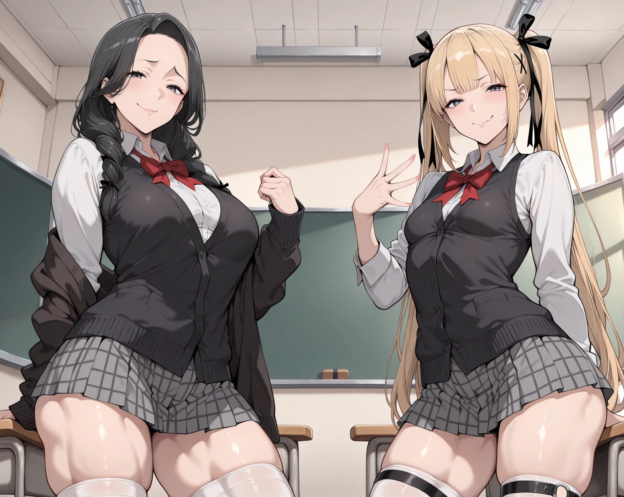 High quality, anime, full body, Japanese high school student, two lesbian couples, a girl with wavy hair and a girl with straight hair, cute, big eyes, small nose, big breasts, slender, , classroom, skinship,