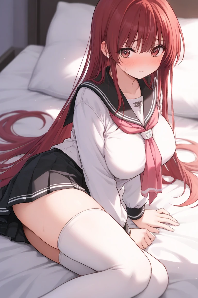 Focus on the pubic area、haar、long_hair、bristle、Open your legs wide、opening legs、detaileds、Beautiful fece、biologically correct、(maroon hair、poneyTail、Shedding bangs to the side)、Sareme、Kuroko under the left eye