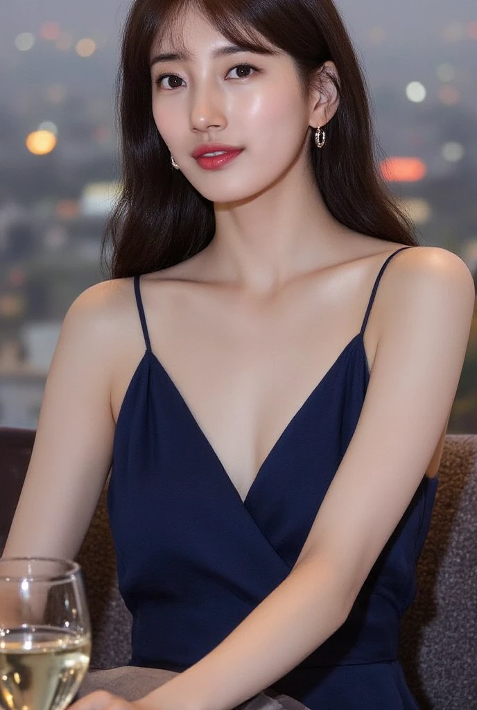 (table top, highest quality, realistic, super detailed, in detail, High resolution, 8k wallpaper), 1 beautiful woman, earrings, smile, In a navy formal dress, light brown short messy hair, perfect dynamic composition, beautiful and fine eyes, smile, Bayside Area, At night, full body portrait