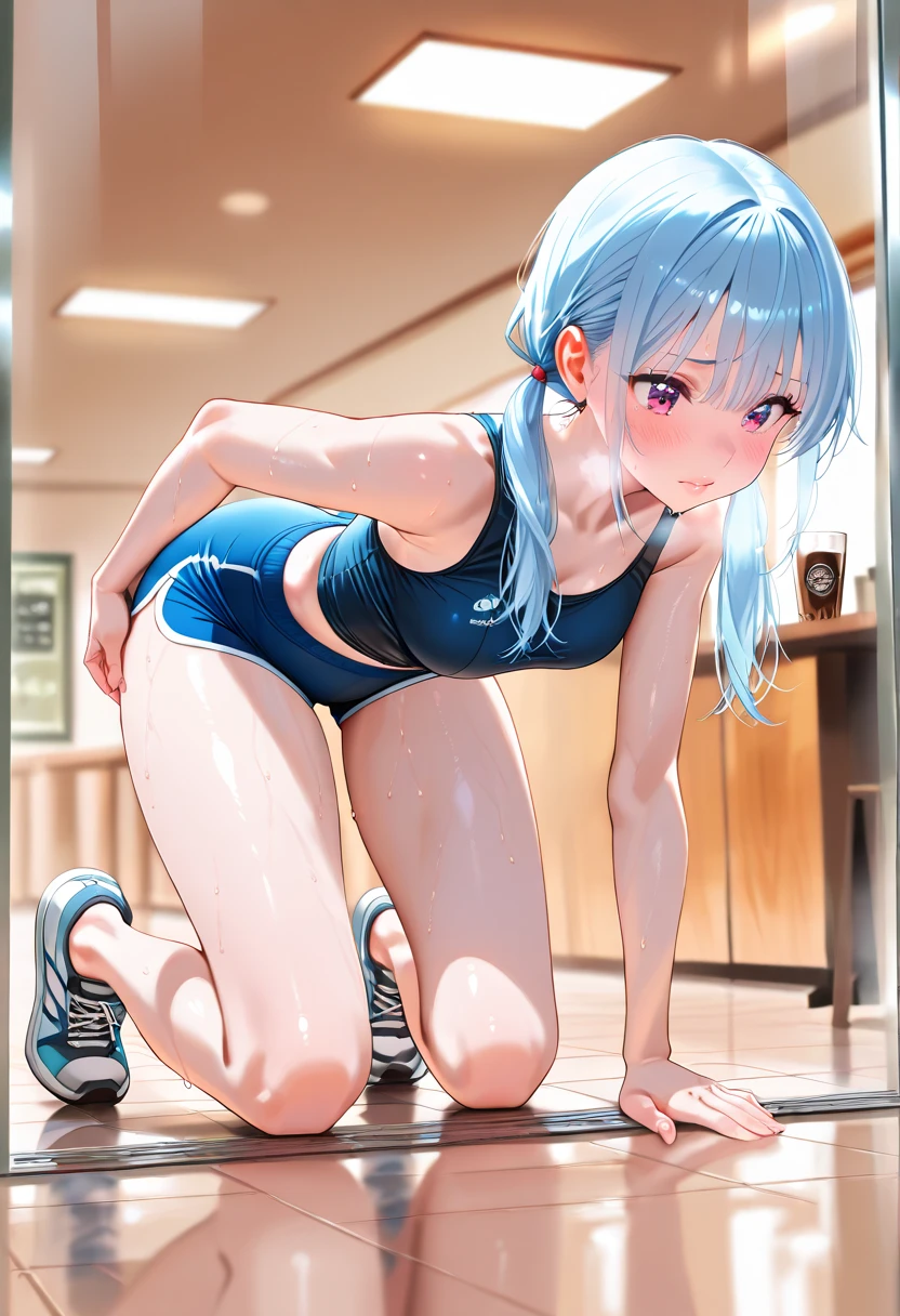 Light blue hair、Short Bob、Deep green eyes、25 years old,shining highleg swimsuit、bed room , juice,sweat,at nightfw、cumial、ps,fe,face sight