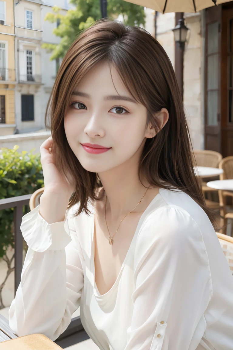 Top Quality, Realistic, 8K, Solo, Smile, Masterpiece, One Girl, Bokeh, Depth of Field, Professional Lighting, High Resolution, Gorgeous, Bangs, Lens Flare, Cute, Photorealistic : 1.37, Earrings, RAW Photography, Absurdity, Watching Viewer, Skindentation, Female, Full Body, Masterpiece: 1.2, Portrait: 0.6, Necklace, pureerosface_v1,　skinny, dynamic pose, mole, floating hair, lips