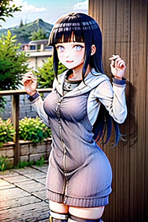 top-quality、Full body portrait、delicated face、cute face、a 25yo woman、slim figure、Petite bust、OL Uniform、Office Clothes、Black stockings、Outdoor Scene、Seats、Hinata Hyuga,darkblue hair,length hair