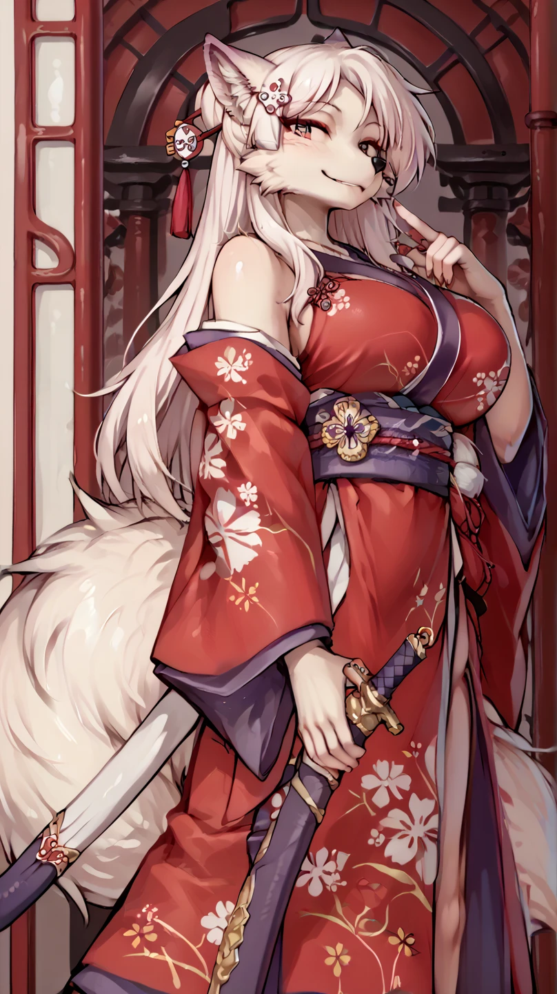 solo, anthro, eastern dragon, voluptuous, curvy, dark scales, ponytail, blue eyes, white hair, hanfu, Chinese building,