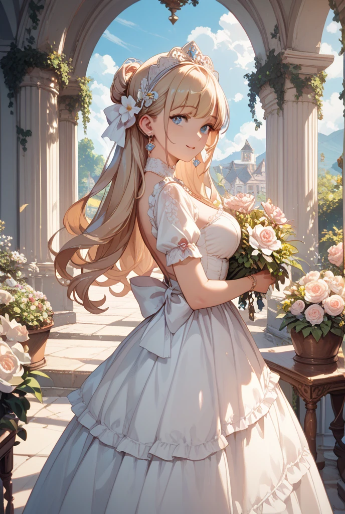 from behind, (masterpiece, best_quality, ultra-detailed, immaculate:1.3), epic, illustration, welcoming, 1girl, summoner, muted platinum hair, Hair Bow,ahoge, casting spell, in a rennaissance Victorian theatre, in an festive indoor garden, bombshell hair, dark gold hair, Pull Through Ponytail, circle formation<lyco:EnvyBeautyMix42:1>