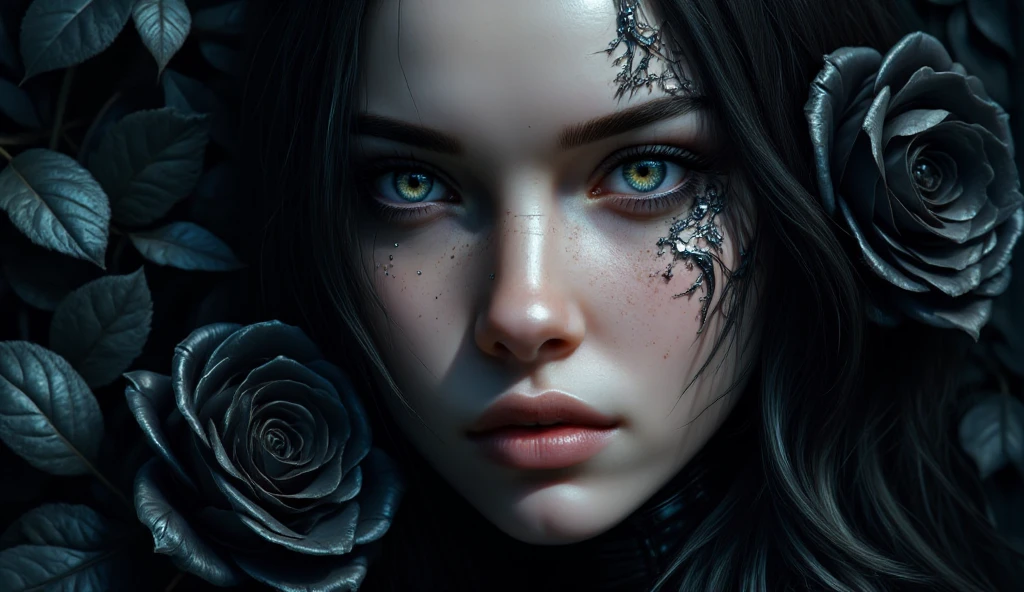 (Detailed background,Dark fantasy), (Beautiful detailed face), High contrast, (Best illumination, An extremely delicate and beautiful), ((Cinematic light)), Colorful, hyper-detailing, Dramaticlight, Intricate details, (1 girl, Solo,Black hair, sharpy face,Red eyes, hair between eye,Dynamic Angle), blood spatter, swirling black light around character, Depth of field,Black light particles,(Broken glass),