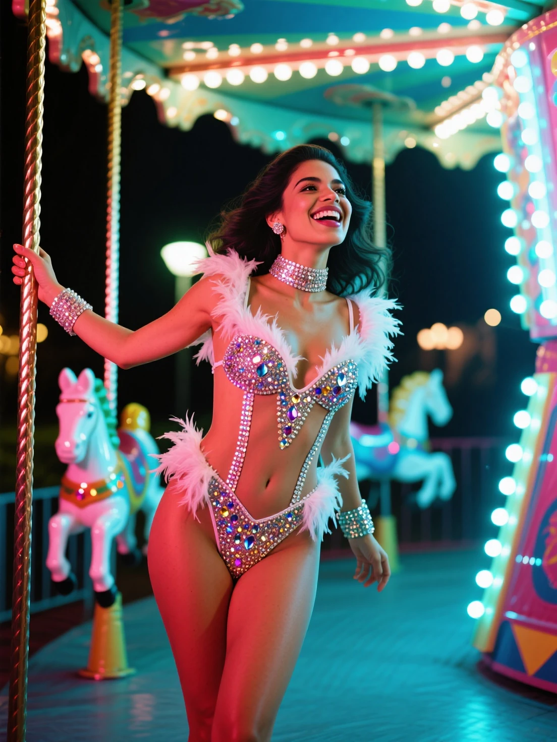 beautiful and voluptuous woman, riding a magical carousel full of colors and colorful mists, on a night of enchantment,