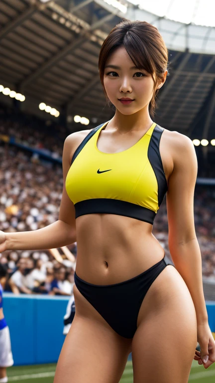 WHITE FEMALE ATHLETE, PALED WOMAN, ON A TRACK ATHLETICS TRACK, GREEN YELLOW BODYSUIT, TIGHS EXPOSED, ABDOMEN EXPOSED, PALE SKIN, LOVELY FACE, LONG BLACK HAIR, BRAIDED BLACK HAIR, TRACK & FIELD, ATHLETIS CHAMPIONSHIP, STADIUM, RED ATHLETICS TRACK, SUN, DAYLIGHTS, HIGH DETAILED IMAGE.