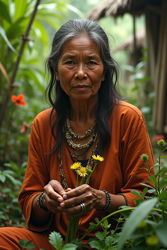 old indonesian woman,big breasts,wearing a t-shirt,old woman's hands covered in white mayonnaise,mayonnaise everywhere,This old woman's expression is satisfied after climax,woman lying on banana leaves,banana garden background