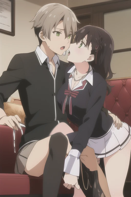 night club, indoor, dim light, hostess cosplays vampire, blush, embarrassed, penis inside, penetration, black skirt and cropped top, hostess sits on patron's laps, man in suite, shot from below, saddling man, girl on top, panties aside, back view, dynamic angle, angle 1/4, full body, (black heels:0.2), (black couch), bottle of wine, sitting on penis, balls deep, deep penetration, <lora:hentai_anime_style_xl_v1:1>, score_9, score_8_up, score_7_up, best quality, masterpiece, 4k, uncensored, prefect lighting, rating_explicit, very aesthetic,
official art, anime coloring,
cinematic angle, cinematic lighting, highly detailed, Amazing, finely detail,
<lora:xl_more_art-full_v1:0.8>, <lora:muk_pony_v1:0.7>, source_anime, by muk \(monsieur\), <lora:neg4all_bdsqlsz_xl_V7:0.9>
