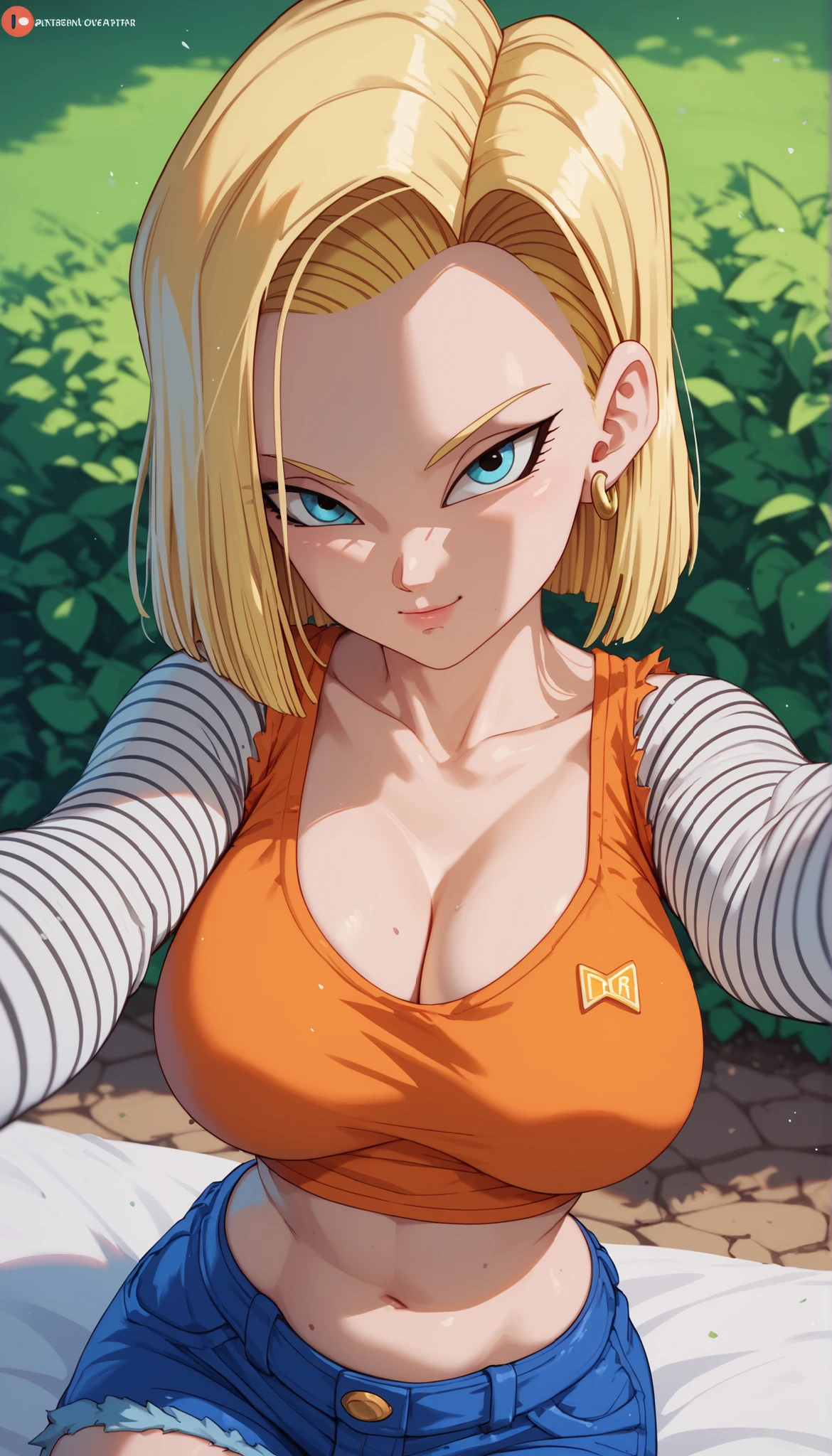 Android 18 from Dragon Ball Z,Big breasts, gelatinous breasts,In the park,sitting,POV selfie, Orange crop top, blue shorts