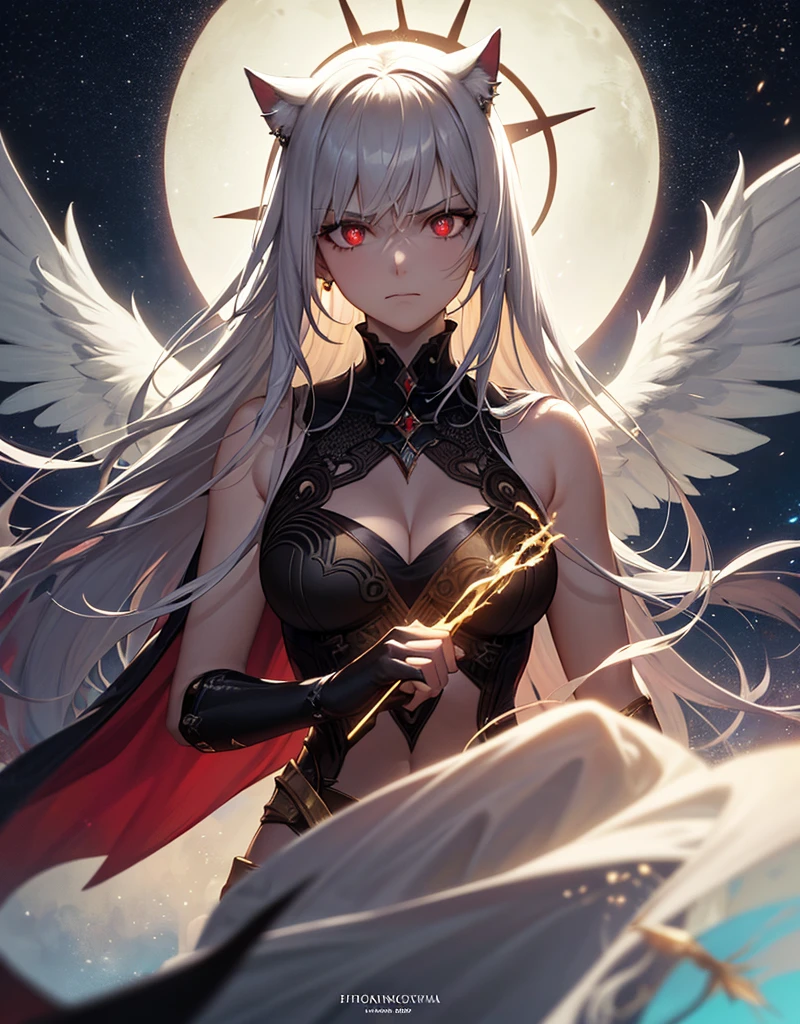 The Stable Diffusion prompt is as follows: "1 girl, alone, dark skin, white hair, red jewel headdress, wing hairpin, black wings, white wings, gray wings, illustrations, ultra-detailed, vibrant colors, bokeh lighting."

Explanation:
- 1 girl: The main subject of the image is a girl.
- Alone: The girl is depicted in solitude.
- dark skin: Her skin is dark.
- White hair: The girl has white hair.
- Red jewel headdress: She wears a headdress adorned with a red jewel.
- Wing hairpin: The girl wears a hairpin that resembles wings.
- Black wings, white wings, gray wings: The depiction includes wings in various colors, such as black, white, and gray.
- Illustrations: The medium used to create the artwork is illustration.
- Ultra-detailed: The artwork aims to capture intricate details.
- Vibrant colors: The color palette used in the artwork is vibrant and lively.
- Bokeh lighting: The lighting in the image creates bokeh effects, adding depth and a dreamy atmosphere.

Please note that the prompt is provided without any additional explanations and meets the required format and content criteria.