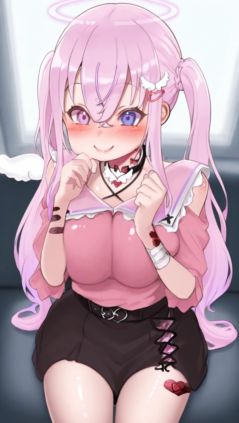 ironmouse, pink hair, streaked hair, two side up, long hair, purple eyes, demon tail, demon horns, choker, heart ahoge, heart hair ornament, off shoulder, long sleeves, pleated skirt, thighhighs, thigh strap, pink sweater, large breasts, cleavage, sitting, smirk, smug, clenched hand, masterpiece, best quality