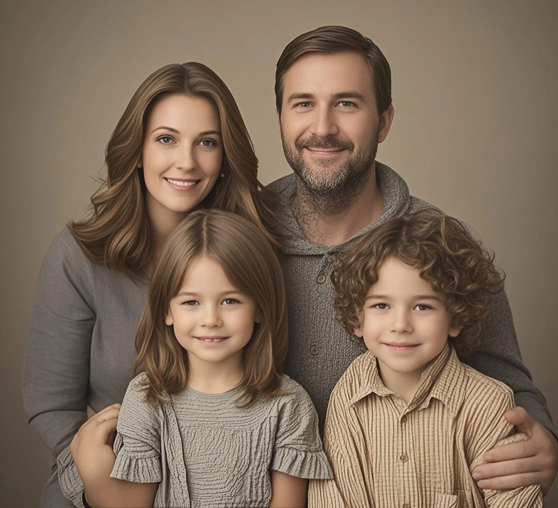 An image of a family, looking at camera, PICTURE REALISTIC, high resolution, 8k