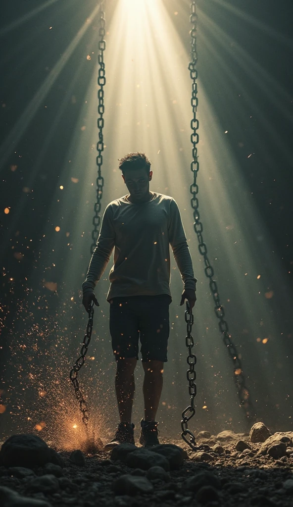 A person trapped in chains, surrounded by darkness. The person struggles to break free, but their efforts are in vain. Then, a ray of light shines down, empowering the person with supernatural strength. The person breaks the chains and emerges into the light.