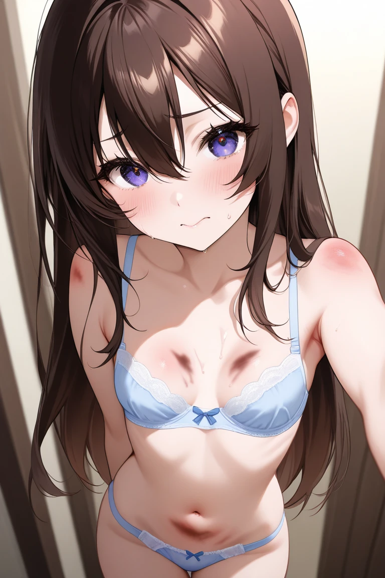Girl, (light brown hair:1.5), (black eyes:1.1), (big eyes: 1.1), (sagging eyes: 1.5), (very long hair:1.1), hair between eyes,  (flat chest:1.3), (straight hair), very short, only , droopy eyes,  , (short height:1.8), young face ,  smooth straight hair, locker room, (Naked: 1.5)，nipples are visible，pussy are visible ，(not wearing anything:1.5)，flat chest，curvy,