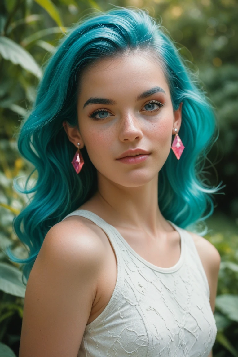 A woman in her 20s, looking at the camera, she has freckles, blue eyes, she has Lush blue hair, tattoos on neck, wearing dressed as a news anchor, full frame shot, hyperdetailed, hyperrealism, ((best quality)), ((masterpiece)), (detailed), 8k uhd, Nikon 70d, ISO200, F/2.8, 1/25sec, 70mm