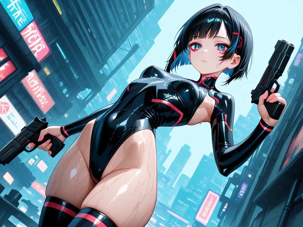Cyberpunk, very wide hips, thick thighs, high heels, high cut leotard, tanned, soldier girl, small breast, thin waist, tight stockings, bob cut hair,