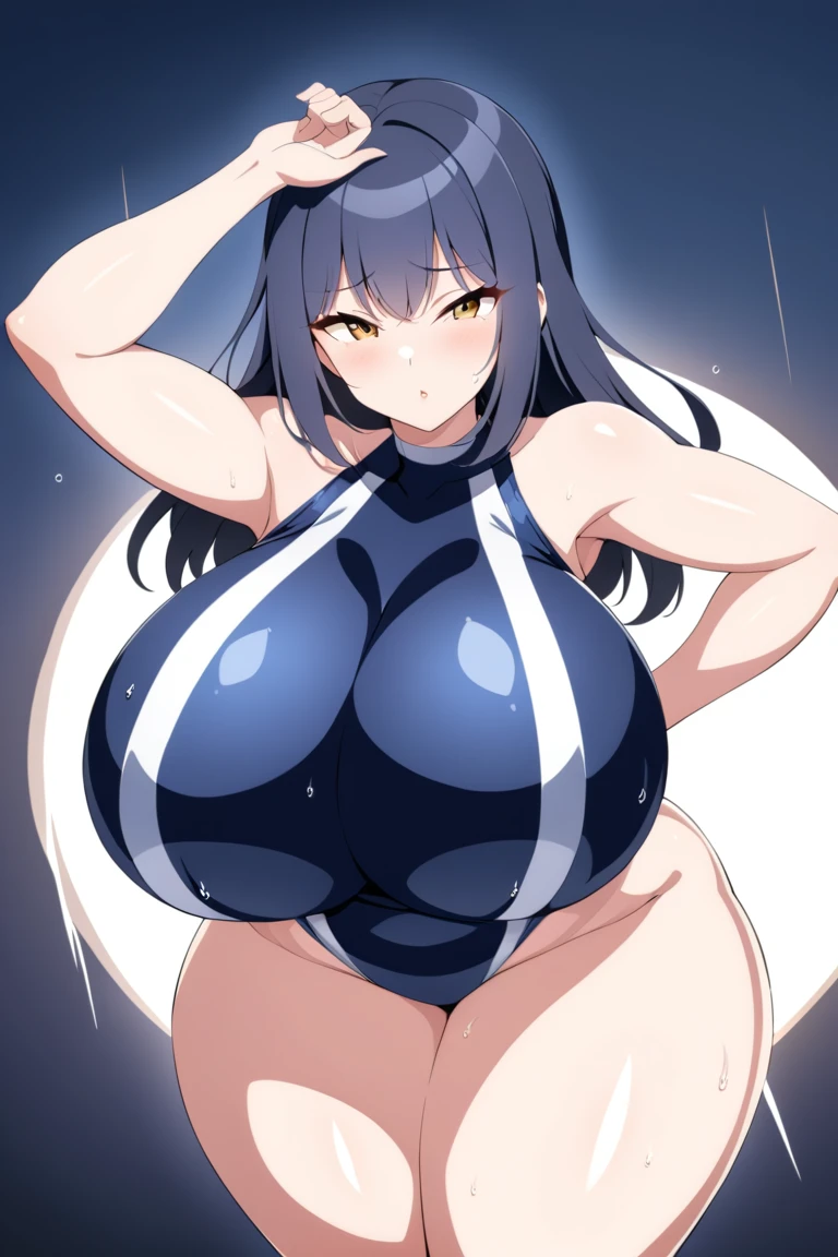 masterpiece, 1 girl, alone, Hifumi Tougou - Persona、Big Breasts, Mature Woman, Glare,Sharp eyes, Black Hair、Green Eyes, Empty Eyes LoRA / Hollow / Hypnotic suggestion,Pink schoolgirl uniform, Pose standing thigh sex,Thick thighs, Hypnotic Pendulum,Hypnotic state,Hypnotic stateの目,squint,Open your mouth wide and vertically,ah、I agree,Sweaty,Stuffy stuffiness,全身Sweaty,Pink off-the-shoulder sweater,You can see the valley,Place your arms behind your head,Stuffy stuffiness,Steamed, (Huge breasts:1.4), Putting on a collar,Fishnet tights,Heart Nipple Stickers,Spread your legs,Pink high-leg