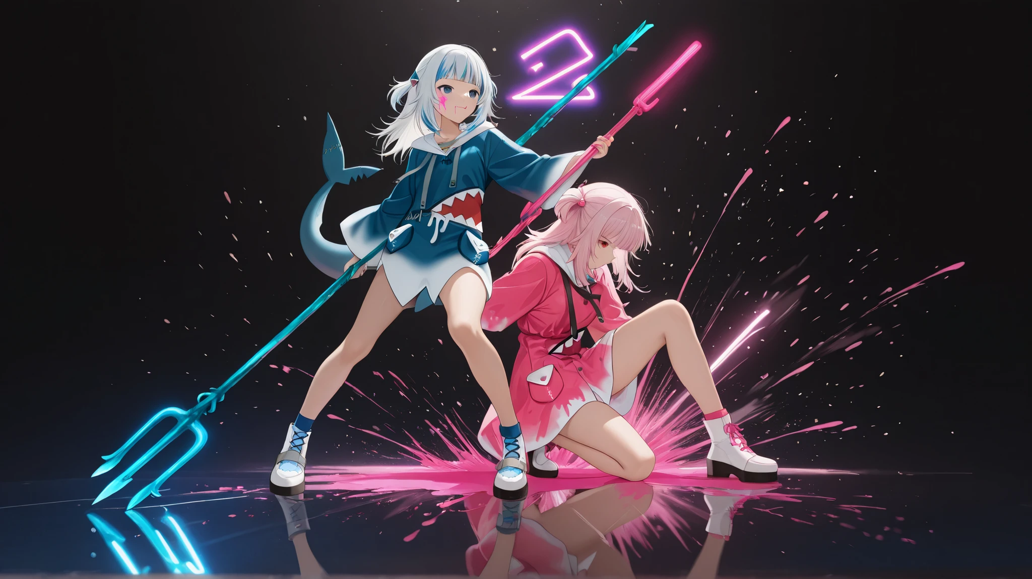 cinematic, (masterpiece), (best quality), (ultra-detailed), very aesthetic, very dynamic pose, illustration, realistic illustration, perfect composition, intricate details, absurdres, natural color, detailed face, show knee to head, (anime, masterpiece, intricate:1.3), (best quality, hires textures, high detail:1.2), (4k),(incredibly detailed:1.4),detailed eyes, realistic shadow,  ink painting style,in a dynamic motion,(the Thema is double identity:1.3),((Gawr gura:1.5)),2 gawr gura in back to back position, left is normal gura, right is red gura, in her blue uniform , both make serious face, (There are pink blood stains on the face:1.2)  ,red eyes,both holding one blue trident, (neon light from trident:1.6), watercolor style,motion effect motion blur, ((splash pink ink:1.5) in black background:1.2), lighting only from below
