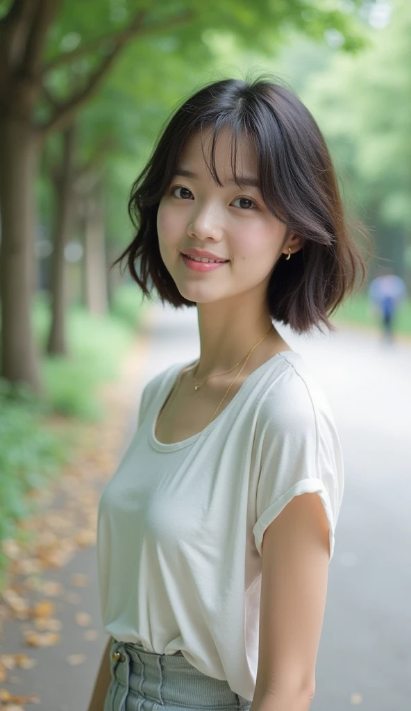 (Very loose low cut T-shirt:1.2)、(very loose breasts:1.2)、(leaning-forward)、(top-quality、8K、32K)、Shot from above、Shot from the front、japanes、18year old、Very pretty girl、large full breasts、A smile、outside of house、Windy、shinny skin、blurry backround、short-cut
