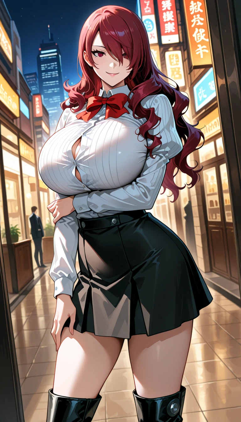 (Top resolution、Distinct_image)top-quality、(A girl) 、​masterpiece、highly detailed, half body, Semi-realistic、 ( purple eyes ) 、25year old,
 ( ginger hair ) ,young 、Exquisite facial features、Facial features ,variation potrait, long  hair  , teenage, cool , cold sharp eyes, , {Very detailed 8k CG unit wallpaper}, students,  black office uniform, office girl, plump body, big breasts 