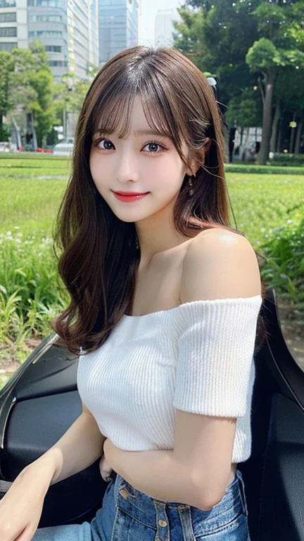 ((Full Body Angle))、((Front hair:1.2))、((highest quality, 8K, masterpiece: 1.3)), concentrated: 1.2, Cute girl 1,Nipples erect、 Perfect beauty: 1.4,Cut and sewn T-shirt Raglan sleeve summer short sleeve T-shirt.Shorts: 1.2,Long sleeve、Randall Color、comics&Text Graphics、Black ruffle-trimmed drawstring zip blouse,1.1, Highly detailed face and skin textures, Fine grain, double eyelid, whitening skin, ,highest quality,Ultra-high resolution,you,1 girl,alone,_Shiny_skin,Iris,necklace,((Brown_length_Wavy_hair)),(lips)),eyelash,Front hair,deal with,compensate,Shiny,pore,skin,Large Breasts、smiling face、Walking in the park、walk、