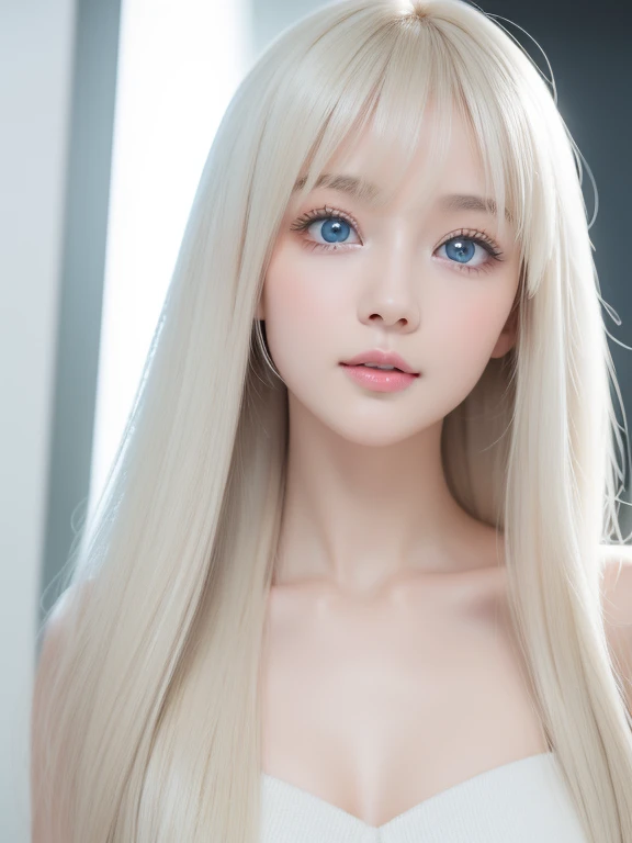 ((Full nudity))、Silky white skin、 Cute sexy little beautiful face、Bangs flowing in front of her cute face、Shiny platinum blonde hair、Long, silky bangs that cover the eyes 、Beautiful sparkling pale green eyes、Sexy and cute young woman with long shiny light and extra long hair、Visible large double eyelids、Sexy pose