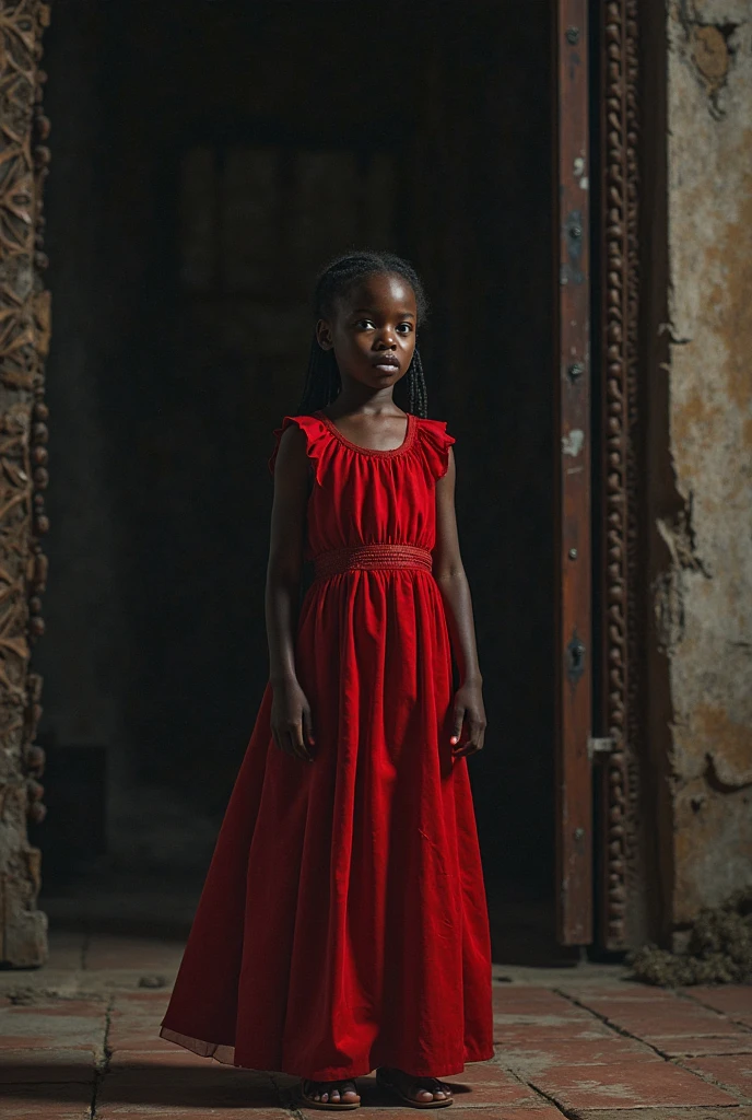  black-eyed, black skin color, height 1.58, Dressed in a long dress 