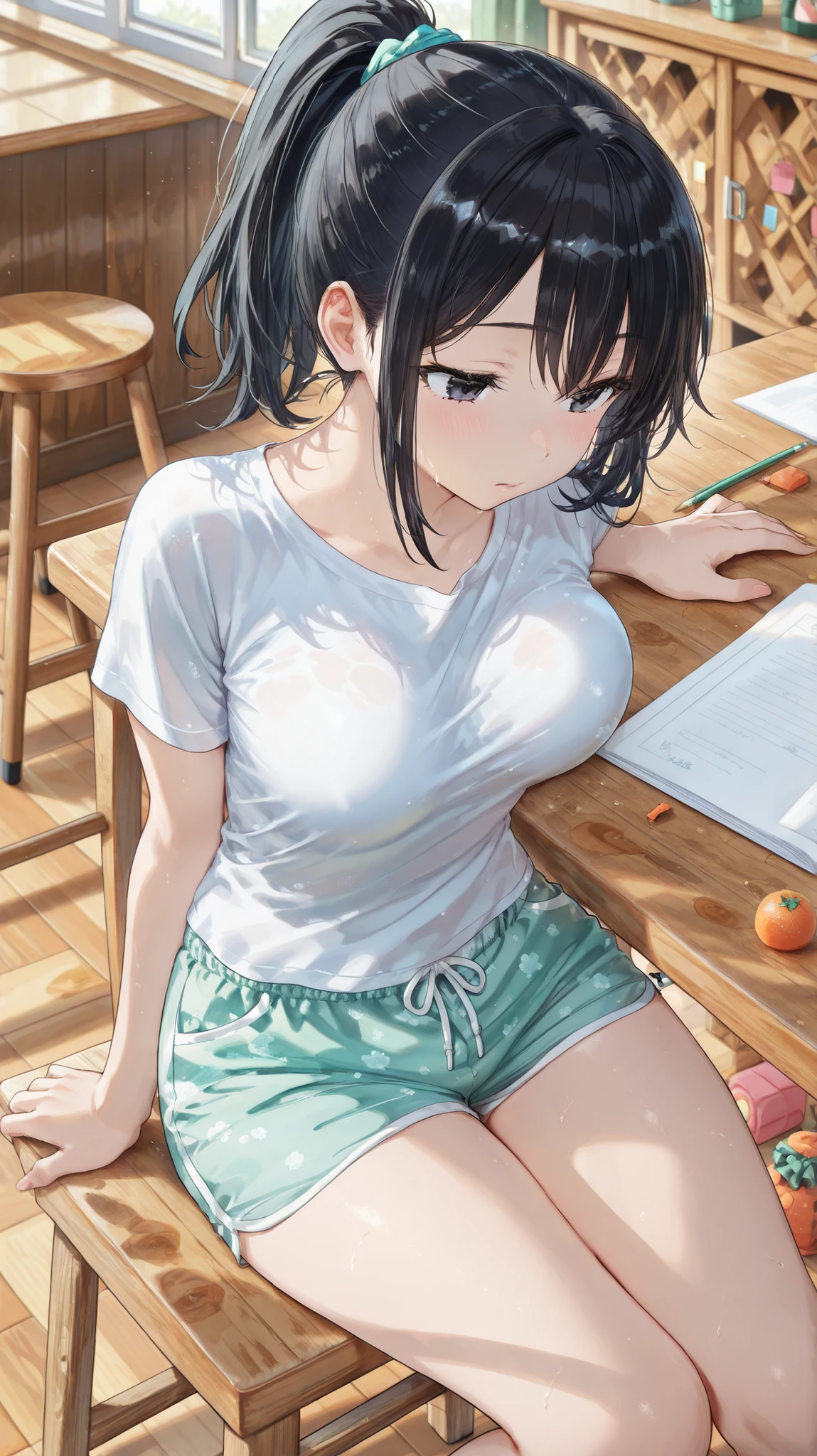 ((Top Quality)) (Excellent) (Details), A wearing a white short sleeve shirt, mint shorts, a ponytail, black hair, black eyes, her breast on a wooden table, a wooden classroom, sitting on a wooden stool