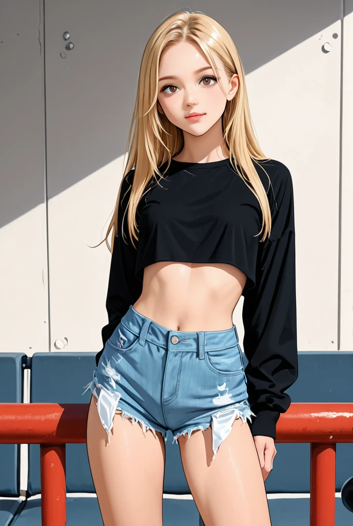 Top Quality, A girl, blonde hair, eyes blue, delicate facial features, smile, medium, crop top, shirt, wet clothes, no underwear, mini skirt, bare feet