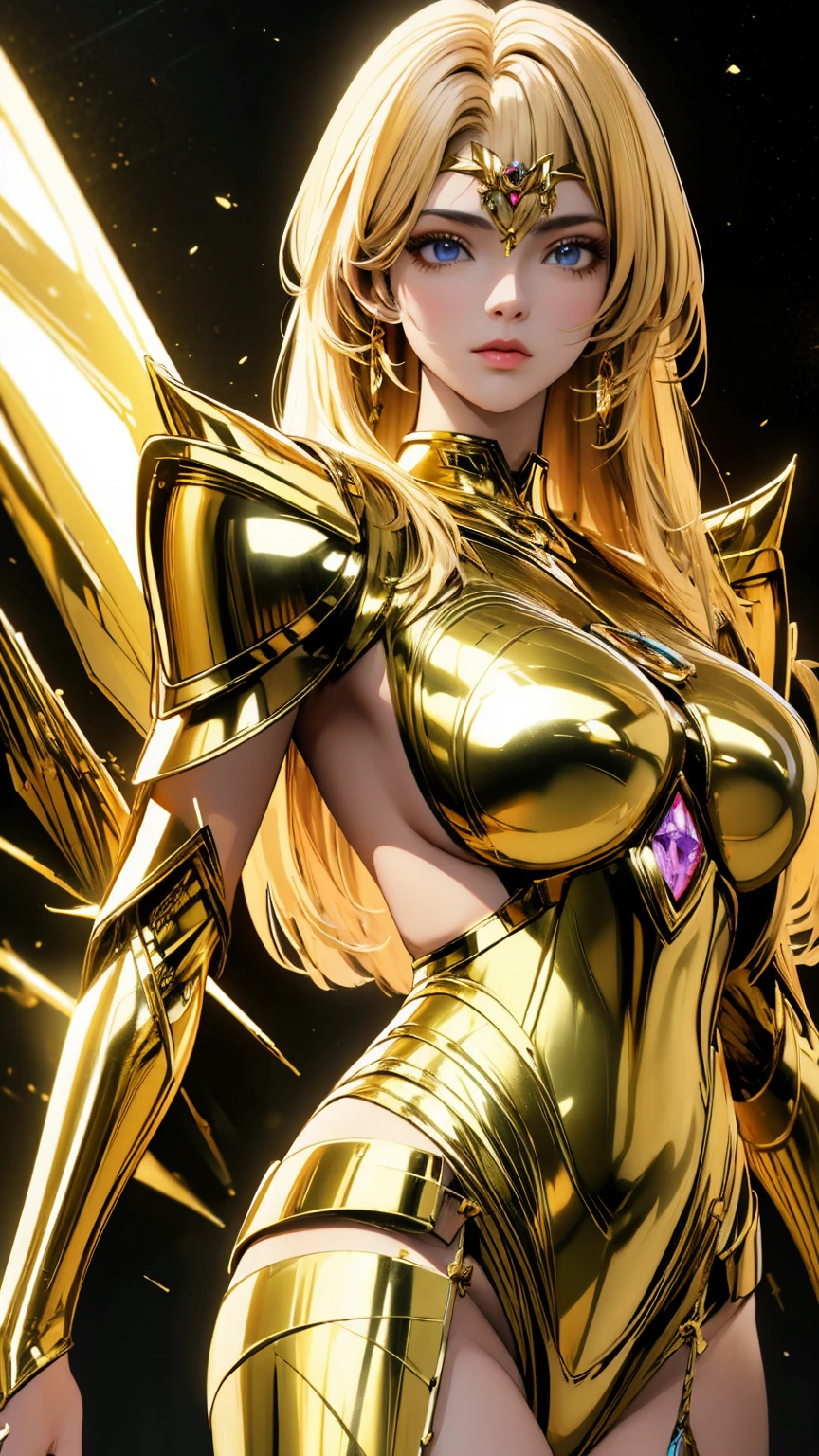 Ultra HD、Ultra-clear、White and beautiful translucent skin、Beautiful and well-proportioned face、Cute smile、Virgo Saint、Covered entirely in golden armor、Holy knight in golden armor、Golden Tiara、Golden armor with ornate carvings covering the entire body、Heavy golden armor、Translucent beautiful green eyes、Blonde Short-Haired、Big Breasts、Outer space background、