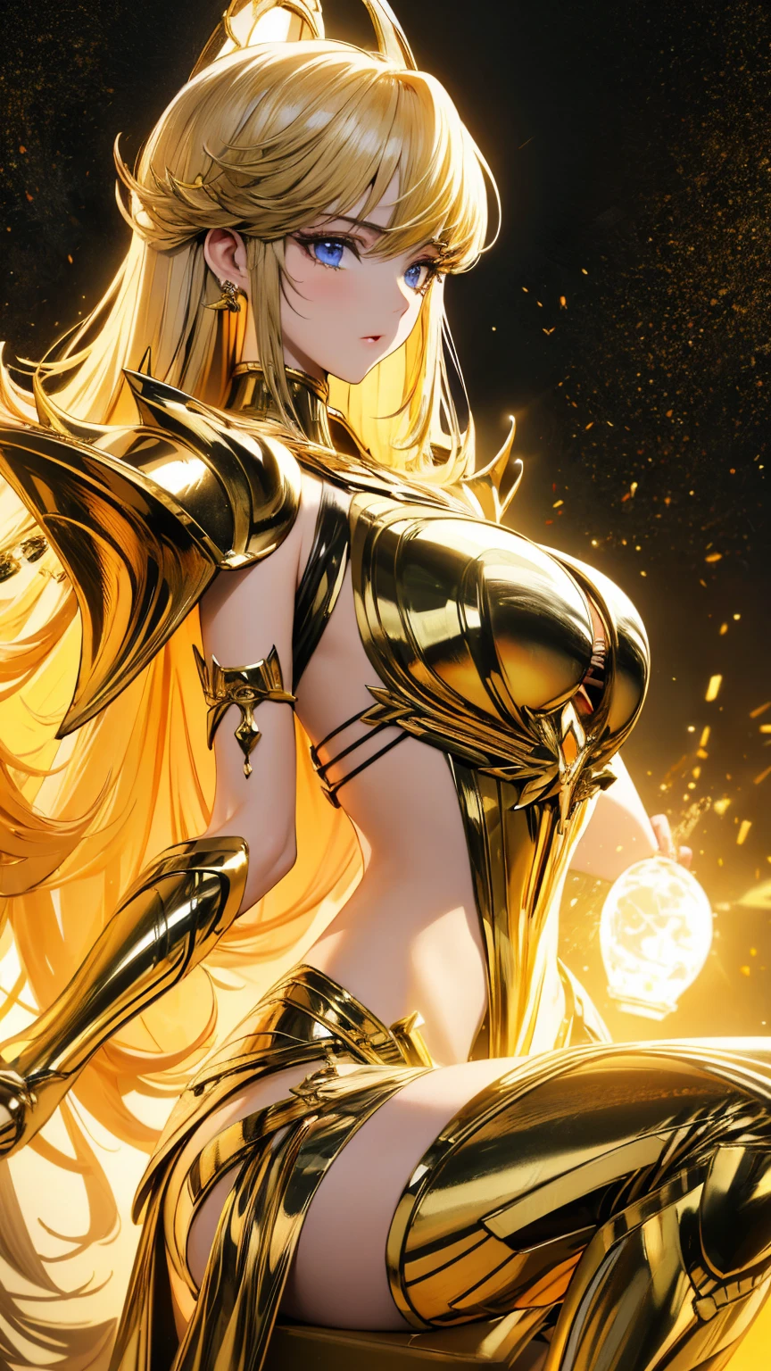 Female-shaped robot, hyper-realistic, ultra-detailed, machinic design, shiny exterior, large circular eyes, expressive LED display, radiant metallic paint job, sultry curved lines, hourglass figure, mini dress armor, excessive emphasis on chest and posterior, bulky thighs, thick metallic legs, large hip joints, captivating allure, evoking human-like sensuality, sensual curves, seductive demeanor, striking contrast between technical precision and feminine allure, oversized circular red accents on chest and hips, mini-skirted armor revealing ample thigh, engineered to captivate and mesmerize, voluptuous and