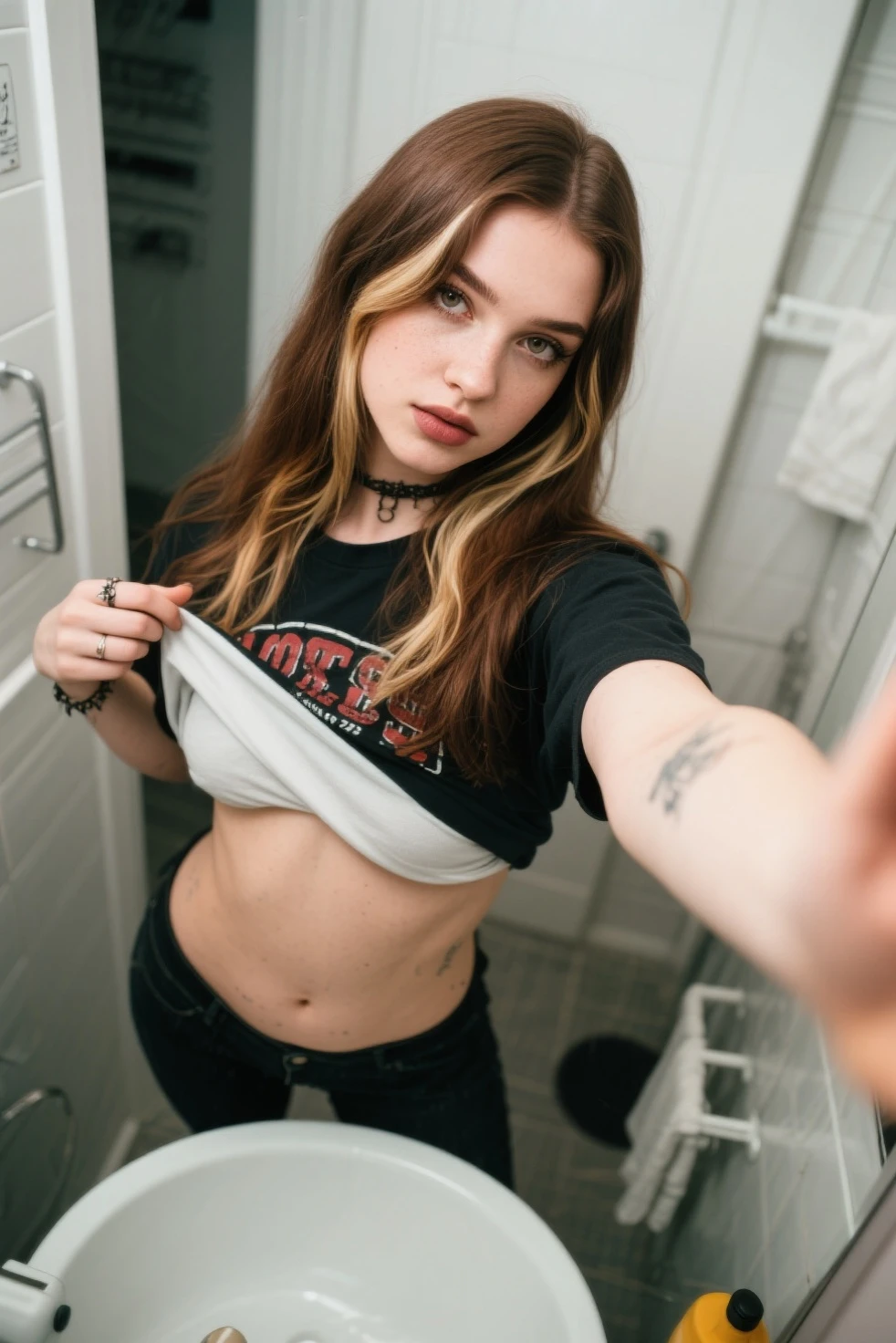 bloody, darker background, eyes shadow, darker red lips, stomach tattoo, body tattoo, tattoo on stomach, abs, oily, oily skin, smooth skin