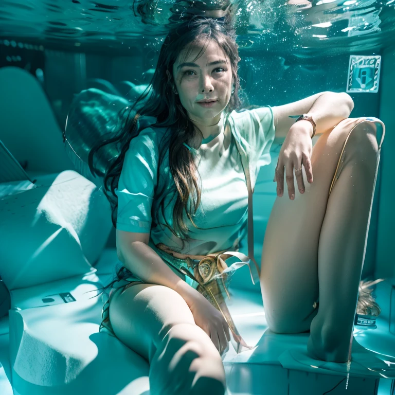 An extremely attractive Filipina girl wearing a bikini is seen in a sea, laying on a glass kayak. The woman has sunglasses on, and the image captures her relaxing in the water. The water in the sea is a vibrant blue color, creating a serene and inviting atmosphere. The woman''s pose exudes a sense of leisure and enjoyment. The surroundings suggest a sunny day, perfect for lounging by the sea. The colors in the image are predominantly shades of blue, with accents of brown and white. The composition evokes a feeling of summer and relaxation, making it a perfect scene for a day of fun in the sun. Kayak is above water surface.