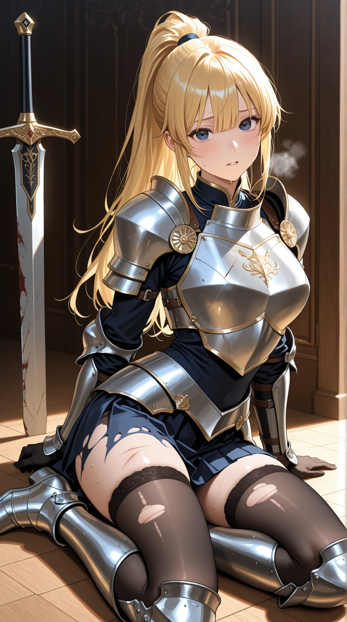 {{masterpiece}}, {{{best quality}}},{{ultra-detailed}}, {{illustration}},{{tall stature}},{{adult women}},((Sweatをかいて不機嫌な女剣士)),Small breasts,Slender,{{armor}},　｛{{Knee protection}}｝,((mini skirt)),Knee pads,Shin pads　,Armor Chest　Breast Armor　Get down on one knee　V-shaped eyebrows　Sweat　Gauntlet　A strong expression　blunt bangs　Blonde long hair　1 female,alone,　inside a prison cell　kneel down on one knee