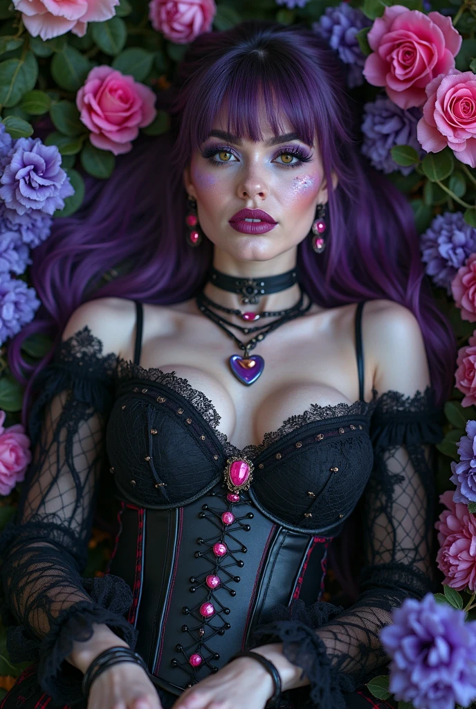 A hauntingly beautiful portrait of a gothic gyaru girl, sporting vibrant orange and pink ombre flowers as the backdrop. Her smiling face glows with an otherworldly allure, framed by luscious purple flowing hair that cascades down her back like a dark waterfall. A garter belt cinches at her waist, accentuating her slender figure, while delicate lace underwear peeks out from beneath, exuding sweet and sexy charm. She poses seductively, as if beckoning the viewer into a realm of Halloween magic.