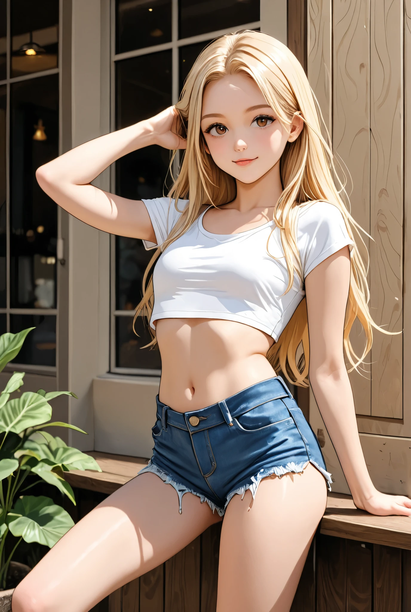 8k, Tabletop, Raw photo, highest quality, Realistic, Wallpapers with extreme details CG Unity 8k, Depth of written boundary, Cinematic Light, Lens flare, Ray Tracing, (Very beautiful face, Beautiful Lips, Beautiful Eyes), Exquisitely detailed face, ((Ultra-detailed Skins)) ((One Girl:2.0)), (Korean model Kim Da-eun, Dhoni), (Korean model Kim Da-eun, Dhoni), (Korean model Kim Da-eun, Dhoni), (Korean model Kim Da-eun, Dhoni), (Korean model Kim Da-eun, Dhoni),1 girl, (Very lean muscular body:1.3), ((View your viewers)),,(((Sheriff Costume))),(((Low waist denim shorts))),(((Wear one leather belt))),(((He is wearing short sleeves, Plaid, front tie shirt.))),(((Watch on wrist:1.5))),(((short boots))),(((Showing cleavage))),(((Showing your belly button))),(((Exposed thin inner thighs))),(((Small breasts:1.5))),(((Bare arms))),(((Her hair is long and blonde))),(((Drunk face:1.1))),(((Open your mouth:0.5))), Beautiful detailed girl,(Night Bar),Cowboy Shot,Are standing
