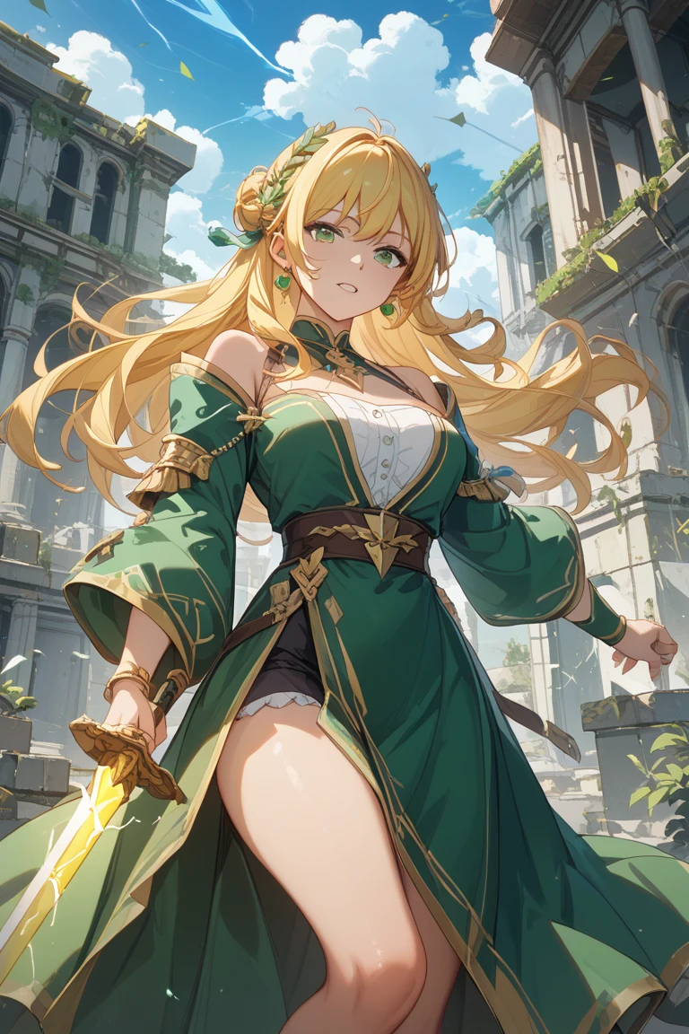 Snake women, tall, blond, golden eyes, friendly smile, dark green dress, long dress, cave background, stone background, dark ambience