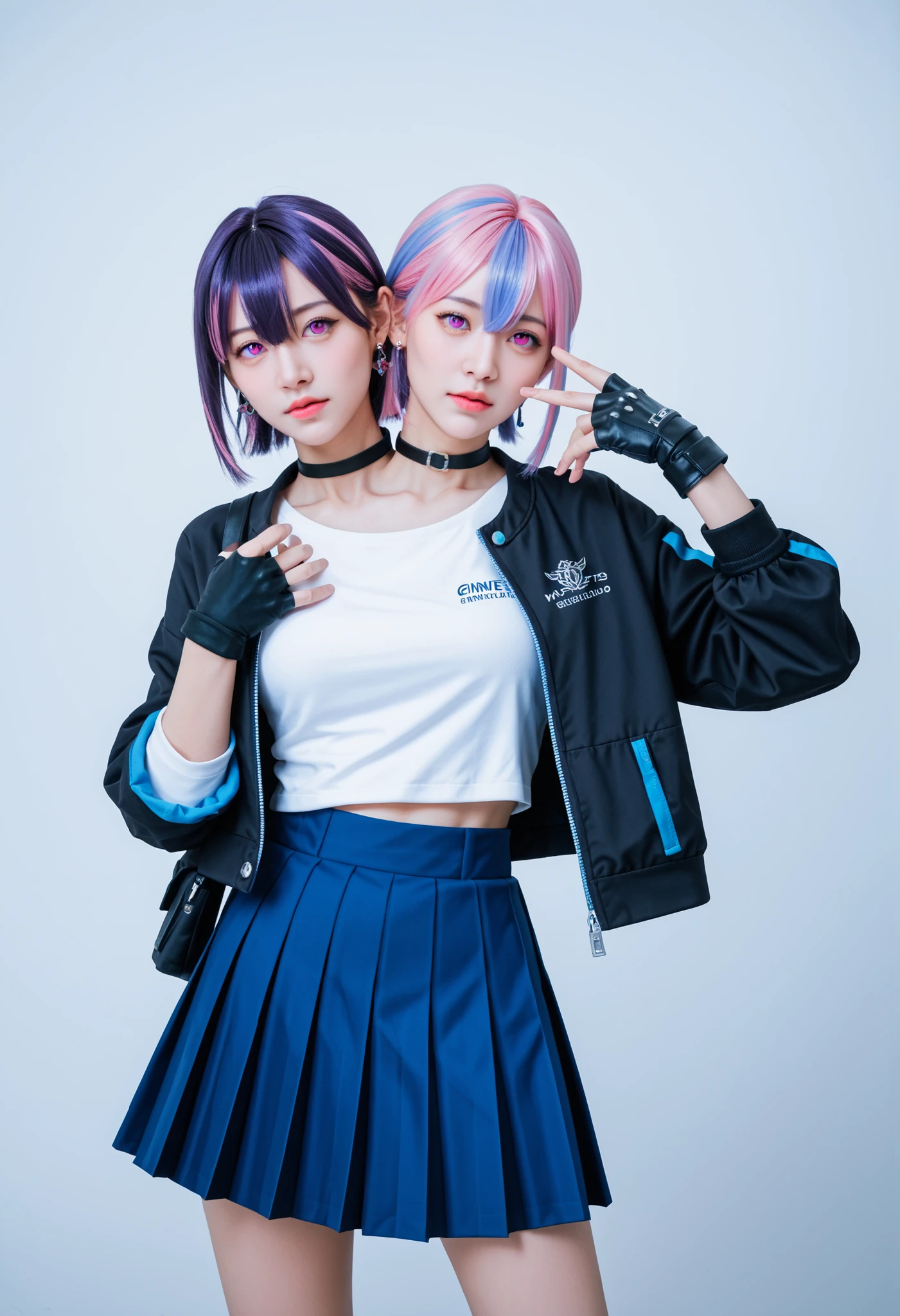 score_9_up, score_8_up, score_7_up,score_6_up, score_5_up, score_4_up , 1girl, solo, twoheads, 2heads, facing camera, conjoined, ((2 different hairstyles)),((SPLIT-COLOR HAIR)), Marhd, Mards, 1girl, solo, skirt, gloves, earrings, jewelry, bangs, blue eyes, pink eyes, black gloves, long sleeves, blue skirt, choker, fingerless gloves, white shirt, hair between eyes, short hair, single glove, pleated skirt, partially fingerless gloves, purple eyes, jacket, multicolored eyes, (masterpiece:1.6, best quality), (finely detailed beautiful eyes: 1.2), ultra-detailed, illustration,beautiful detailed eyes,
