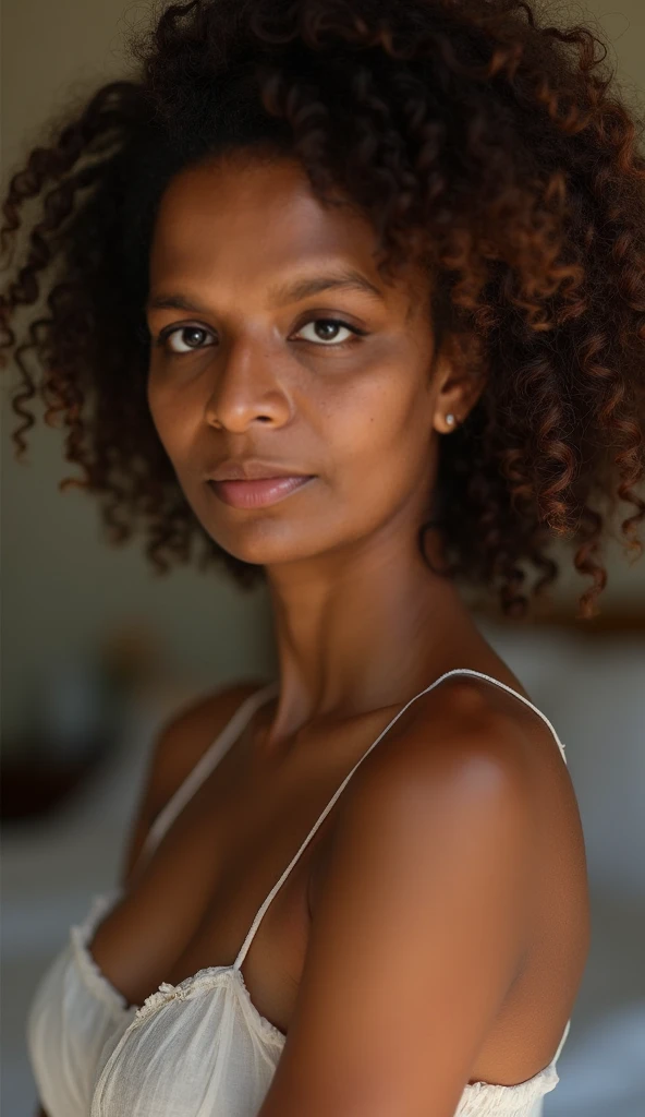 Portrait of a thin black woman with large breasts and clammy skin, Curly Afro, corps entier, jupe moulante blanche, chemise rose, high resolucion, NSFW (en anglais seulement),