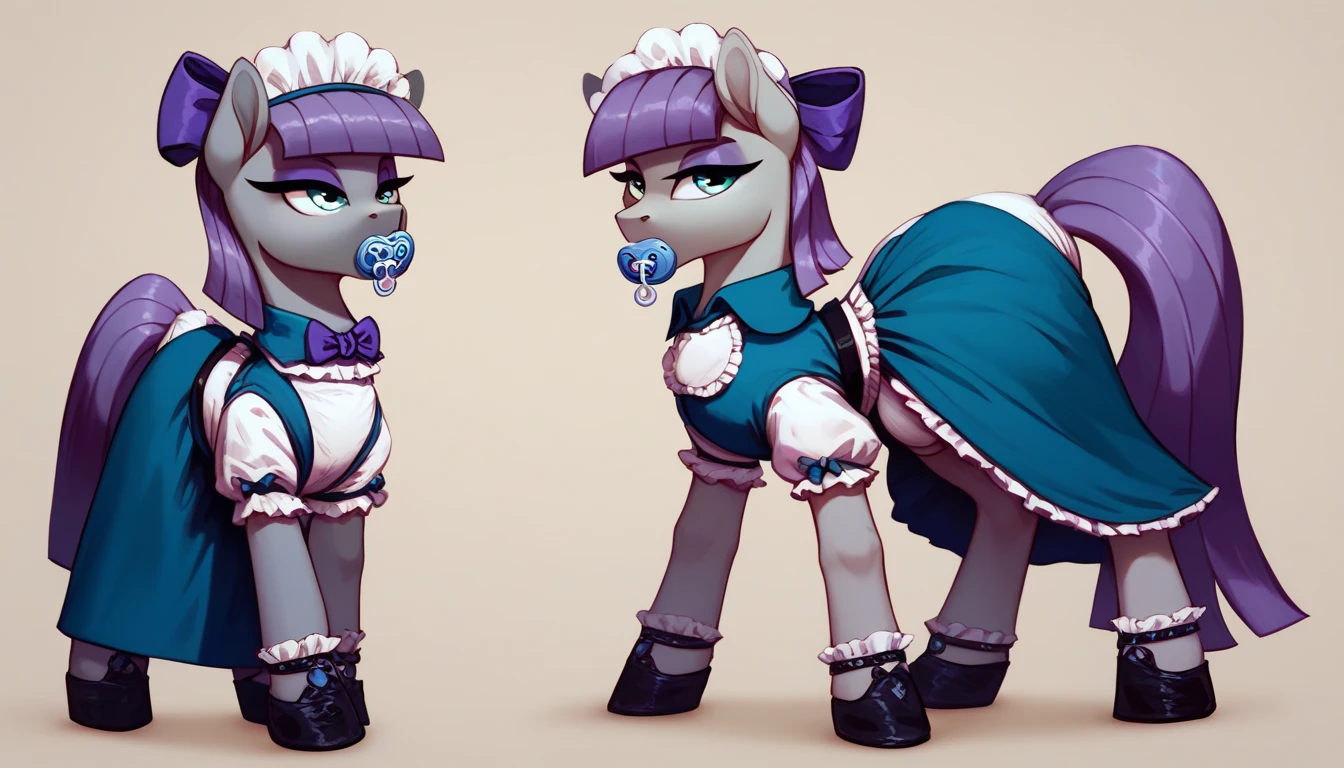 (((my little pony))), solo, white body, ((beautiful maid costume)), (perky butt), vibrant colors, 8K, high resolution, highly detailed, masterpiece, (glossy oiled body), lace stockings, (fat mommy)