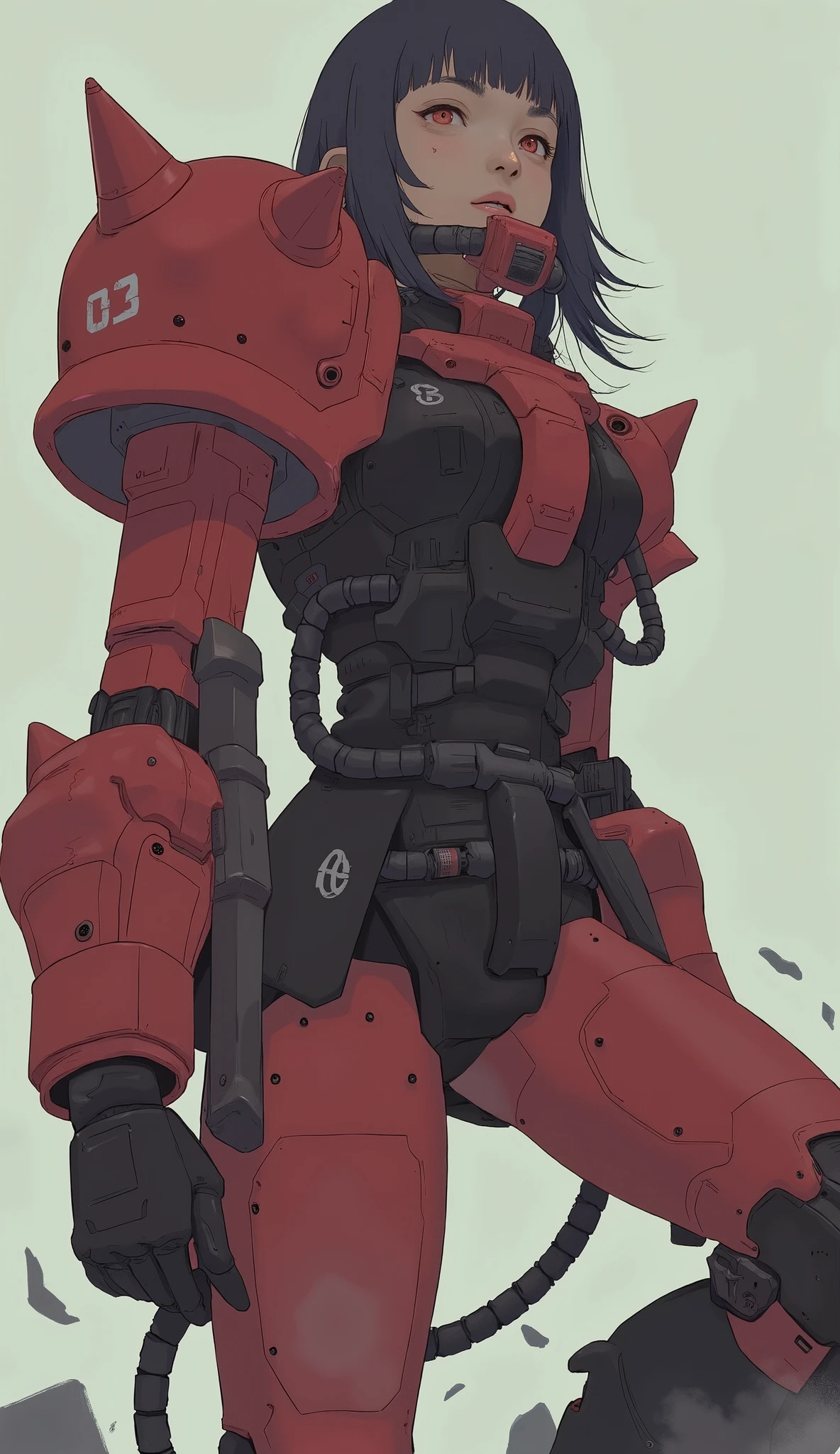 Zaku, dynamic dynamic action pose ,red、 a female character in a Zaku suit. Jersey style , the shoulder and chest are covered with large armor, Angle plate ,redいZaku、has a characteristic crest on the left shoulder、simple light gray background