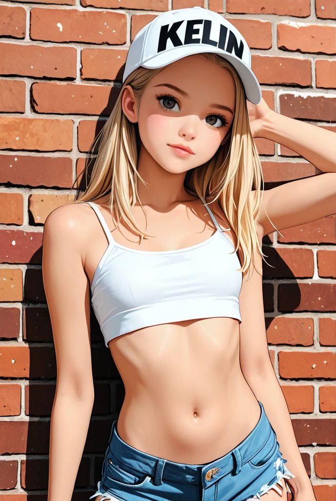 young russian girl, long blonde hair, green eyes, thin face, pale skin, tiny boobs, flat boobs, straight boobs, blue sports bra, gray tiny shorts, in the park, camel toe, pokies, thin body, petite body, super slender , skinny legs, thin legs